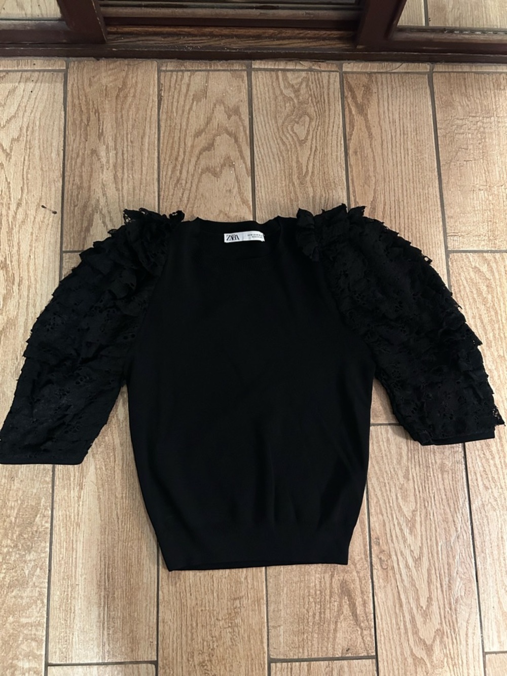 Zara Black Puff Lace-Sleeve Knit Top